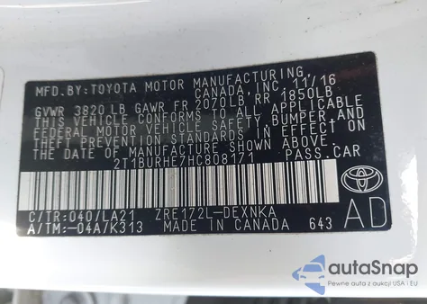 2017 Toyota Corolla Xle from USA, damaged, VIN 2T1BURHE7HC808171